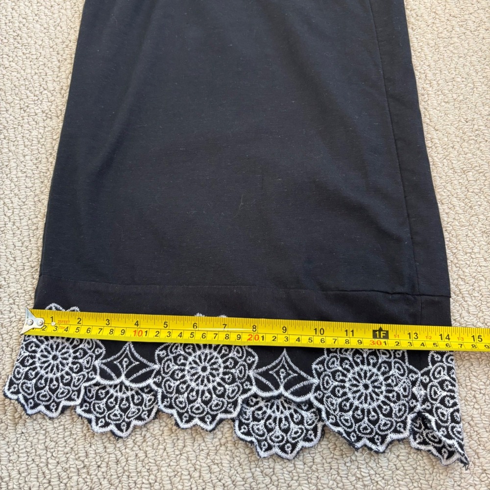 Midnight Sky Black Linen Blend Wide Leg Crop Pants White Lace Hem, Large Lagen - Picture 11 of 16